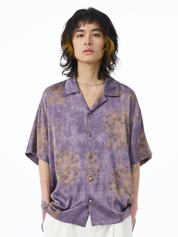 Gender-Neutral Purple Dandelion Print Shirt Short-Sleeved Cuban Collar Hawaiian Shirt