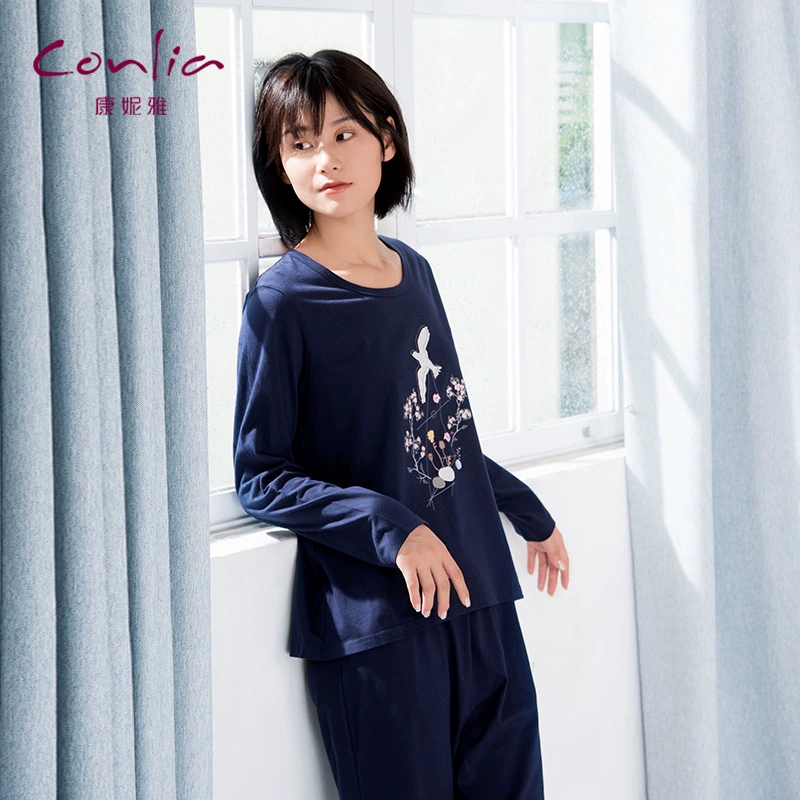 Conya Autumn Lady Bird In Đan Quần dài tay Quần cotton Vòng cổ Đồ ngủ bảo hiểm mặc nhà - Bộ Pajama