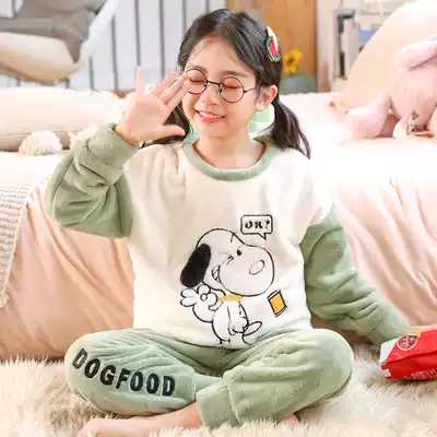 Children's pajamas girls autumn and winter flannel thickened little girl baby coral velvet home clothing Princess suit