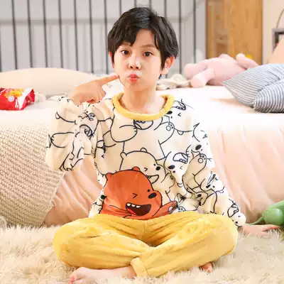 Children's coral velvet pajamas boys autumn and winter suits