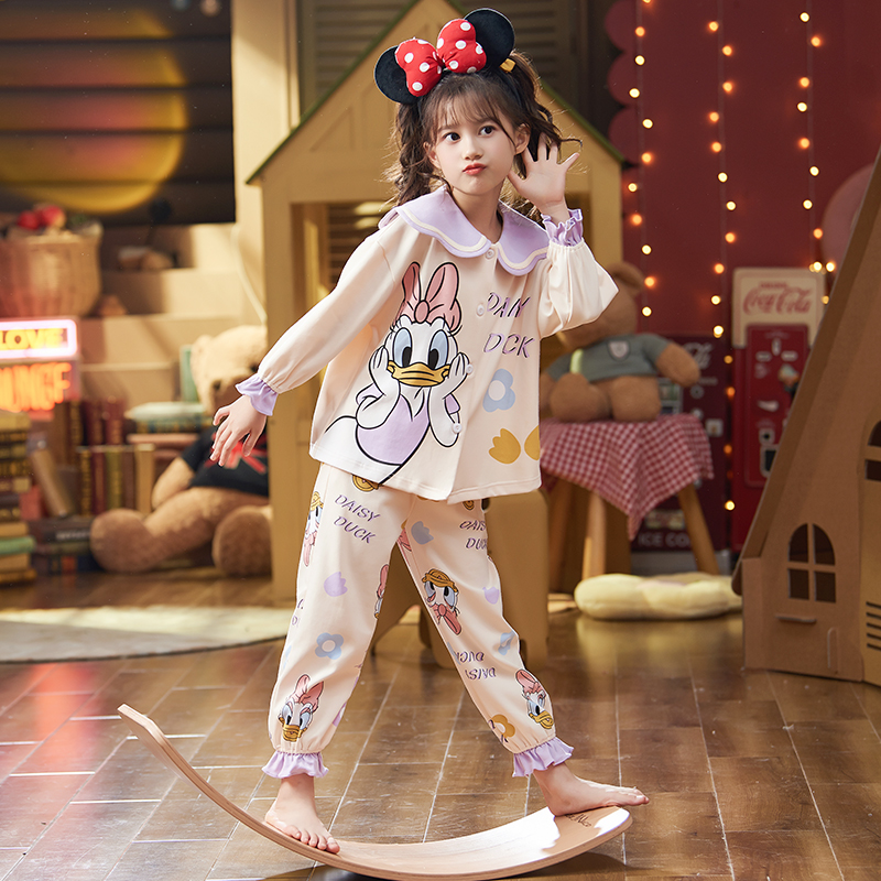 Girls' pajamas pure cotton spring and autumn parent-child mother and daughter long-sleeved thin children's suits in the big children's children's baby home clothes