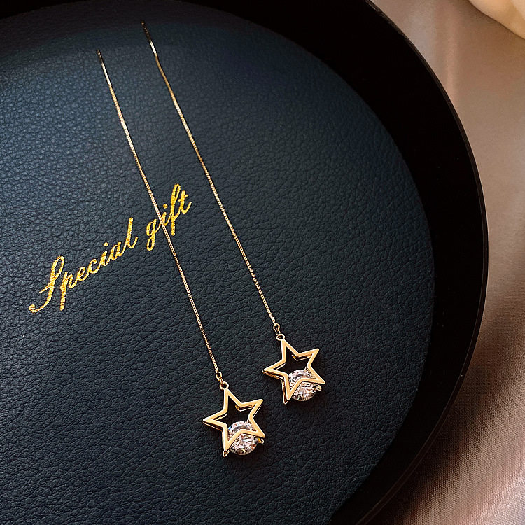 Personality Pentagram Ear Pendant Women Korean Temperament Long Version Earrings Minimalist Lukewarm Wind THIN ZIRCONS Earrings Accessories