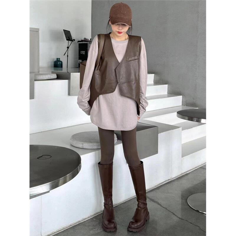 Hong Kong Style Design Asymmetrical Sleeveless Pu Leather Women's Spring and Autumn European Loose Casual Versatile Vest Jacket Hong Kong Style Design Asymmetrical Sleeveless Pu Leather Women's Spring and Autumn European Loose Casual Versatile Vest Jacket