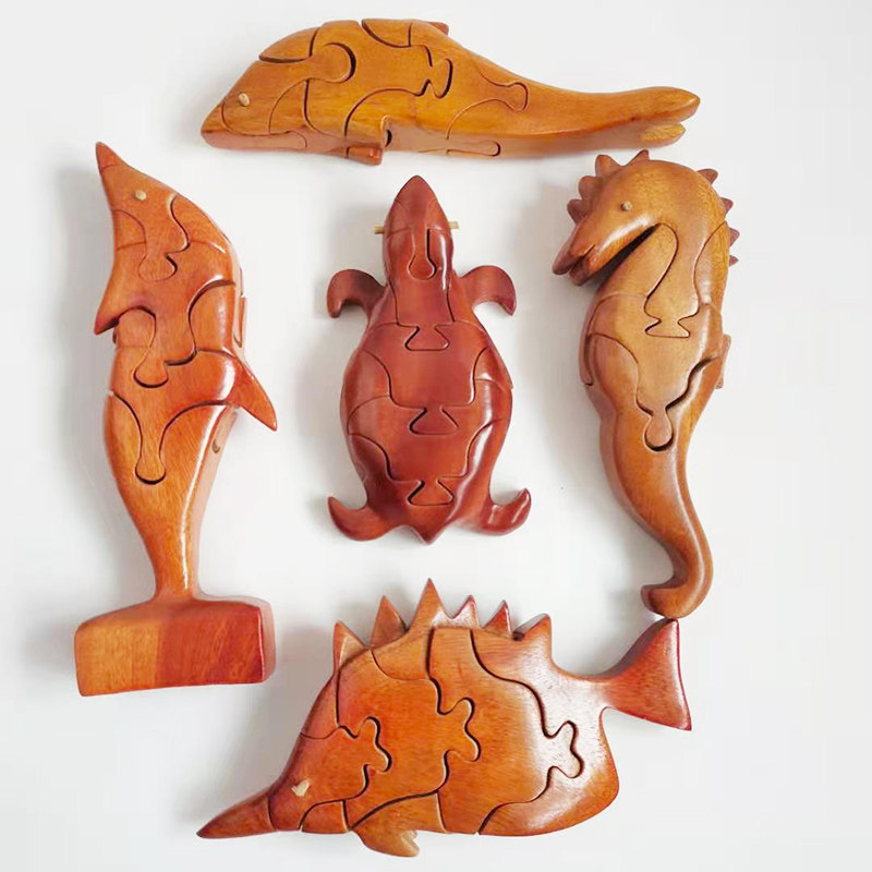 Chinese Zodiac Luban Lock Wooden Sea Animals Fish Turtle Mortise and Tenon Building Block Structure Inserting Children's Educational Toys