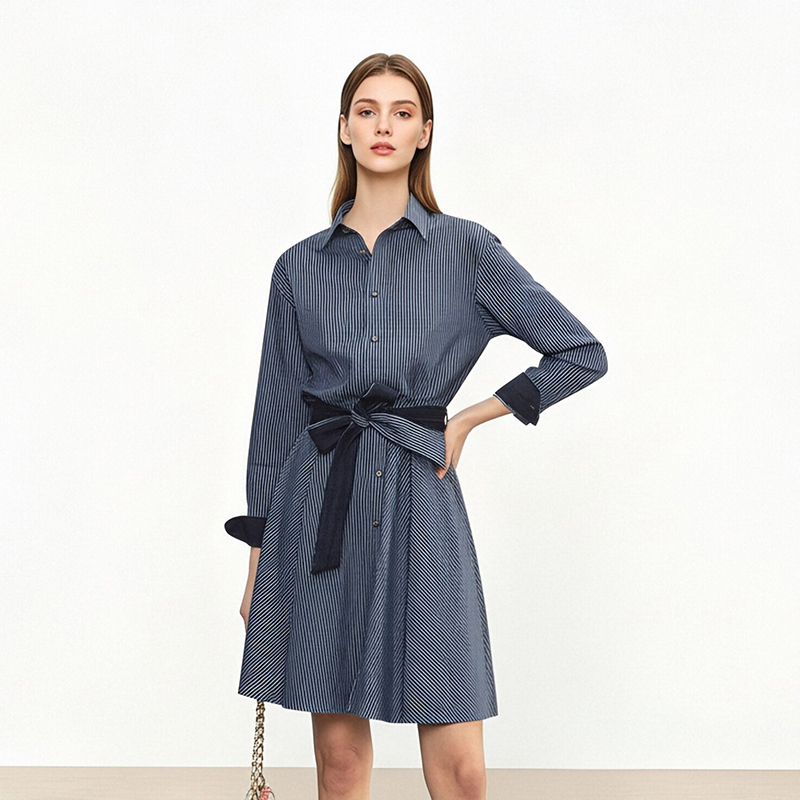 Dress for Women 2026 Summer New Style Blue Sail｜Blue and White Striped Pure Cotton Waist-Cinching Shirt Dress Short Skirt for Women