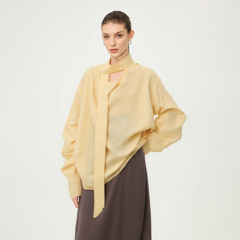 Matte Drysilk Imitation Linen Texture, Casual Style, Draped Collar, Multi-Wear Ribbon Shirt for Women on Sale Matte Drysilk Imitation Linen Texture, Casual Style, Draped Collar, Multi-Wear Ribbon Shirt for Women on Sale