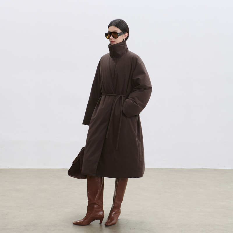 Yimu High-End Old Money 90% White Goose down Long Cotton Trench Coat Women's Long Over-The-Knee Brown Coat