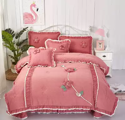 South Korea imported autumn and winter new cotton washing color cotton flower four-piece set of four seasons quilt cover bed cover pillowcase multi-color optional