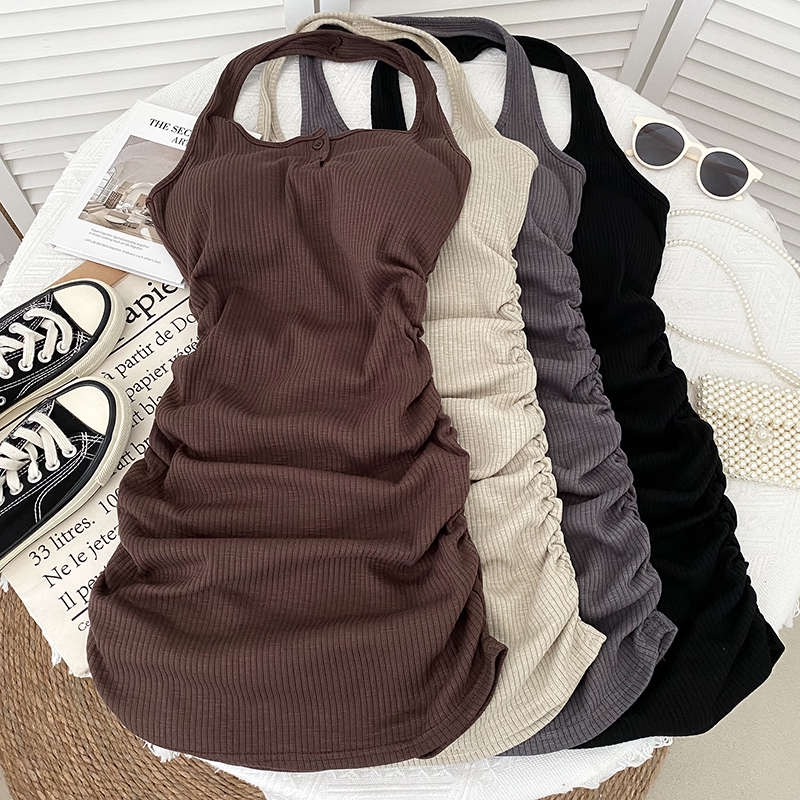 Trendy and Versatile Halter Neck Ruched Slim-Fit Sleeveless Backless Dress Short Skirt Base Dress for Women