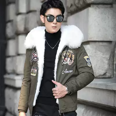New cotton-padded men's tide long version short handsome plus velvet thickened locomotive couple tiger head embroidered jacket
