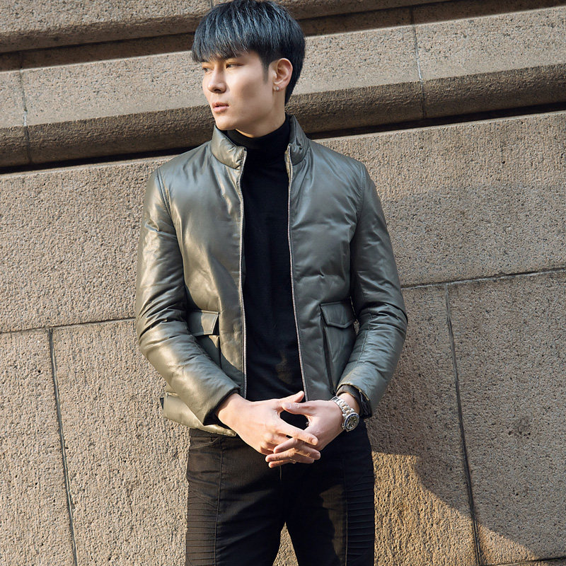 2021 autumn and winter leather leather down jacket men stand collar youth short fashion leather jacket Korean slim jacket