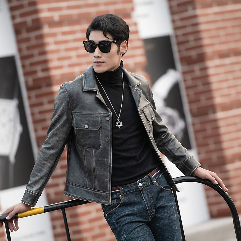 2021 New leather sheep fur coat male short menu Han edition trendy handsome air locomotive leather jacket