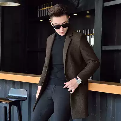 2021 autumn and winter one-sided woolen coat men's medium and long version of wool coat slim woolen coat trench coat tide
