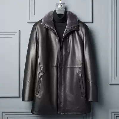 2021 New Haining leather leather men's medium long version of wool inner sheepskin winter slim leather jacket