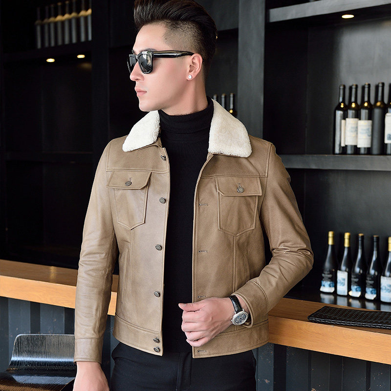 2020 Autumn Winter New Henning Genuine Leather Leather Jacket Head Layer Cow Leather Young Men Short Fur Collar Jacket Tide