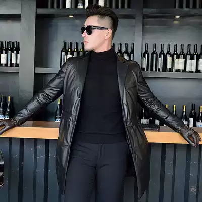 2021 autumn and winter Haining leather leather sheepskin down jacket male youth medium and long version of the jacket warm white duck down