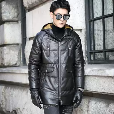 2021 Haining leather leather clothing men's leather sheepskin down jacket men's medium and long version hooded slim leather jacket jacket