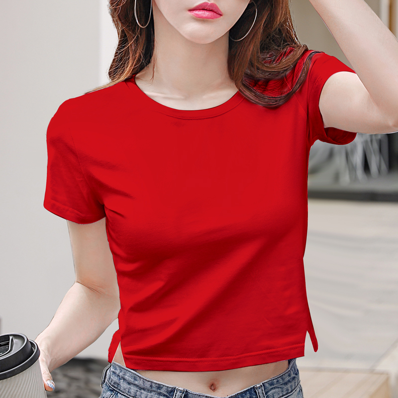 Navel-Baring Top for Women, Short-Sleeved, Slim-Fitting, Red, Stylish Design, High-Waisted, Slit, Summer Wear, 2026 New Short T-Shirt for Women