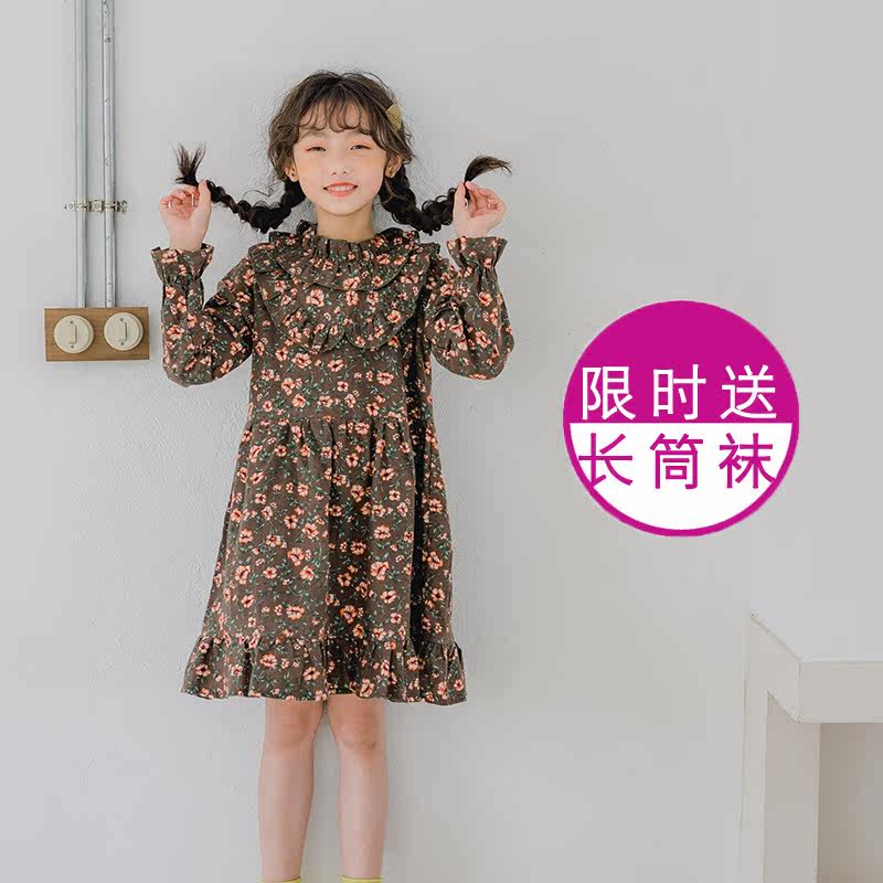 Girls dress 2021 autumn Korean version long-sleeved floral skirt cotton brushed retro princess skirt printing autumn and winter