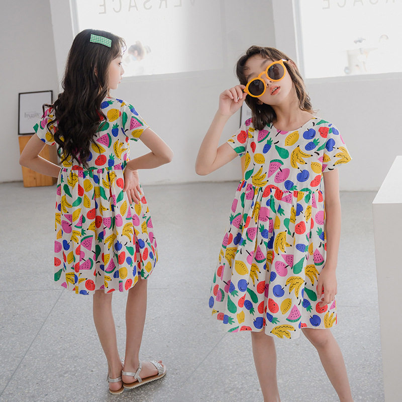Girls dress Korean children's clothing summer new children's cartoon fruit printing cotton and linen short-sleeved skirt
