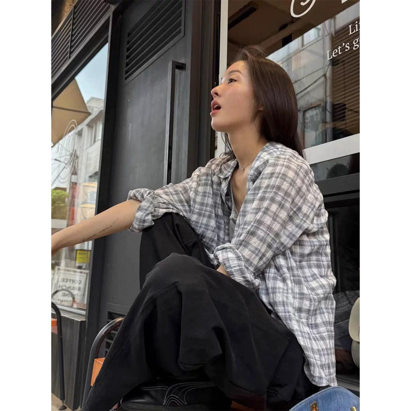 Kim Ji-Soo Celebrity Style Plaid Shirt Jacket for Women 2026 New Spring/Summer Korean Style Textured Sun Protection Top