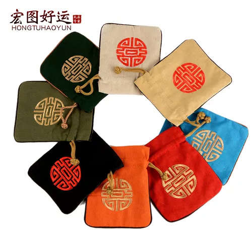 宏图好运 Тканевый мешок, мешочек, коробочка для хранения, сумка для хранения, из хлопка и льна, на шнурках, с вышивкой, подарок на день рождения