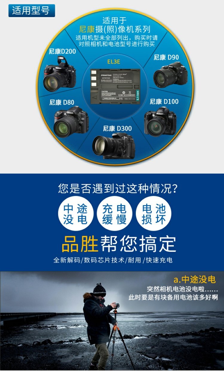 Pisen EL3e pin cho pin máy ảnh Nikon D90 D80 cell pin D70 pin D300S cell D50 D700 D200 SLR phụ kiện kỹ thuật số - Phụ kiện máy ảnh kỹ thuật số túi máy ảnh canvas
