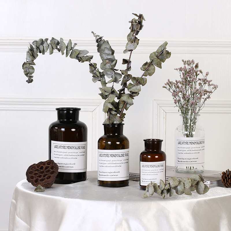 ins wind small brown bottle Nordic transparent glass vase decoration Living room dry flower flower arrangement creative table decoration