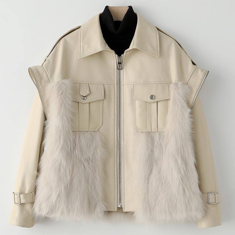 Fox fur stitching leather jacket women's short foreign style 2022 autumn and winter new fashion Korean style quilted fur jacket