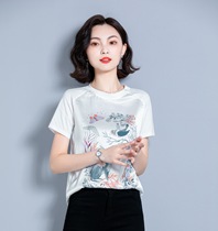 2021 summer new silk satin short-sleeved t-shirt womens printing mulberry silk Korean edition loose ins tide top high-grade