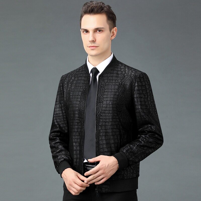 Autumn Winter new leather leather clothes Qing middle-aged men's casual baseball collar Sheep Piepia fish patterned leather jacket jacket 