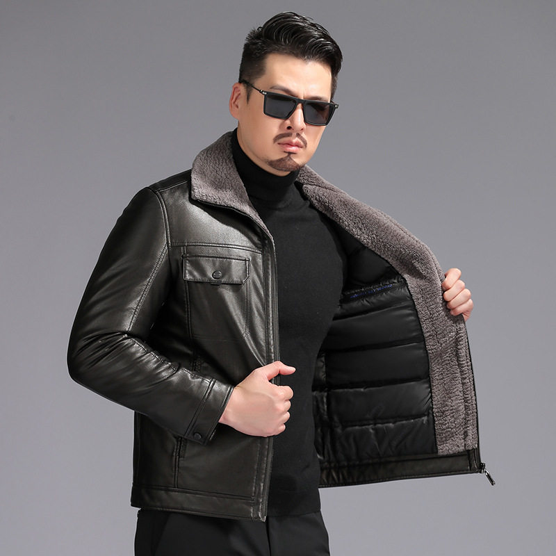 2022 genuine leather fur coat men's winter plus suede thickened mid-aged daddy Henning sheep leather collar leather jacket 