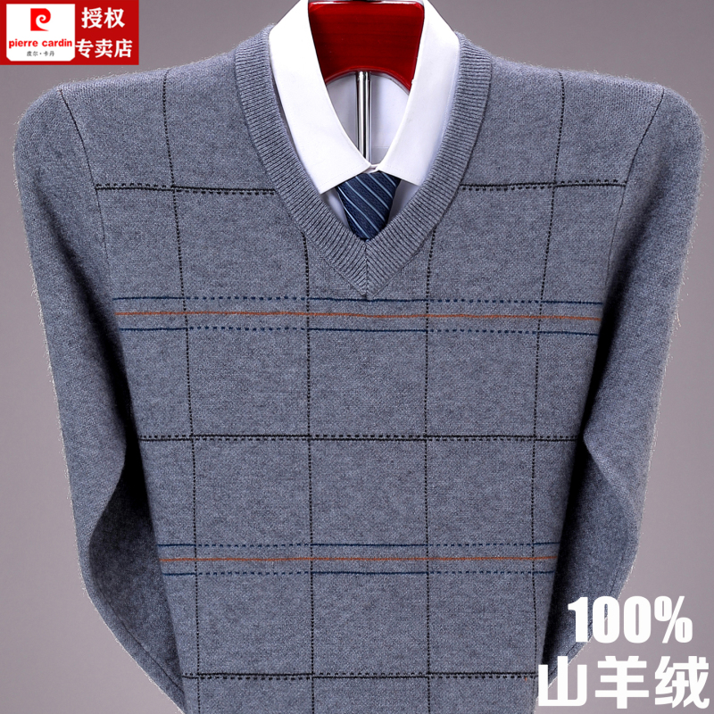 Pierre Cardin 100% Cashmere Sweater for Men, V-Neck, Thickened, Middle-Aged Winter Wool Pullover Knit Sweater