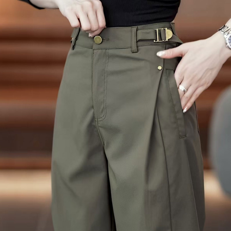 Military Green High-Waisted Cargo Pants for Women, 2026 Autumn Style, Loose Casual Petite Harem Pants, Workwear Style Wide-Leg Trousers