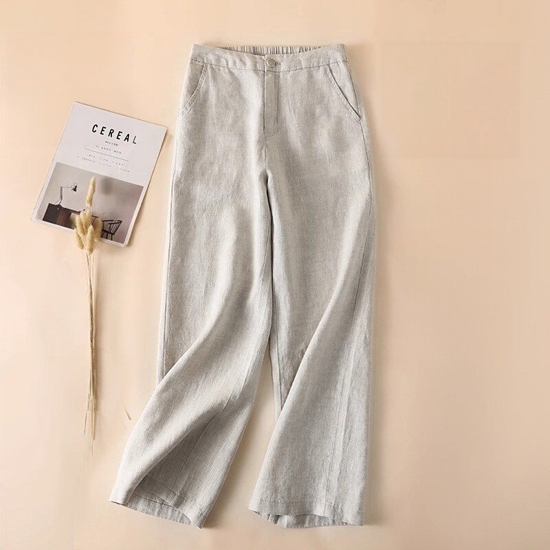 Linen Cropped Pants for Women, Summer Thin Straight-Leg Casual Pants, Loose and Lazy Style, Drapey, Slimming, High-Waisted, Narrow Wide-Leg Pants Linen Cropped Pants for Women, Summer Thin Straight-Leg Casual Pants, Loose and Lazy Style, Drapey, Slimming, High-Waisted, Narrow Wide-Leg Pants