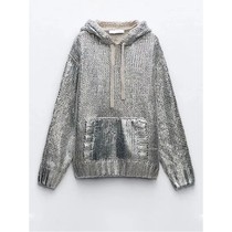 Metallic Silver Knitted Rib Womens Sweater Hoodie Drawstrin
