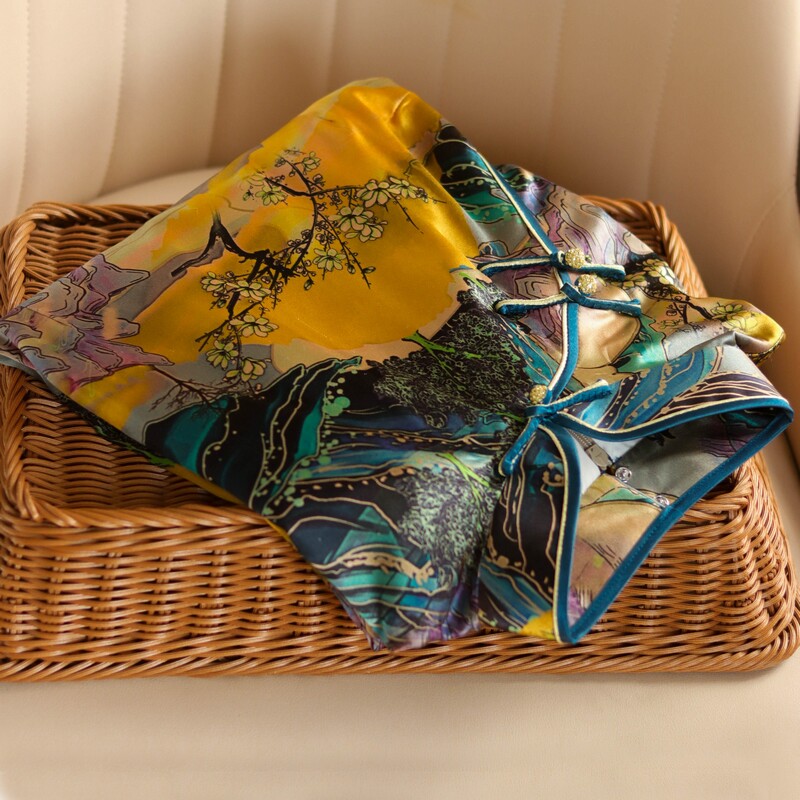 Irreplaceable temperament Chinese style diamond beads disc buckle retro printed qipao genuine silk dress Double ME850