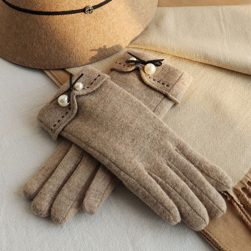 Winter Pearl Bow Gloves Women's Warm Wool Cute Students Winter Plush Thickened Riding and Driving