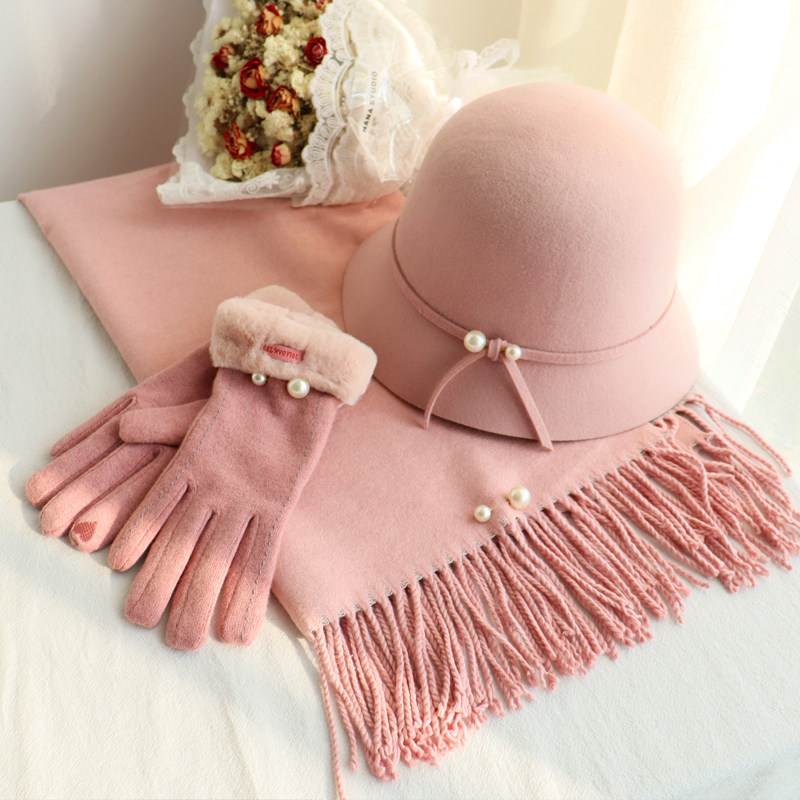 2022 New Autumn Winter Hat Scarf Glove Three-Piece Set Women Korean Version Cute Pink Three-Piece Set High-end Gift
