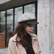 Autumn and winter 2021 octagonal hat womens autumn and winter Korean version of Joker Knitted literary and artistic painter hat Japanese wool splicing Bailey