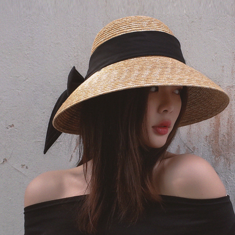 2022 spring and summer new simple bowknot streamer fine braided straw big brim dome basin hat shade fisherman straw hat