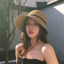 UPF50 irregular pleated bow knot big along basin hat Hepburn wind rear eaves small fishermans hat out straw hat