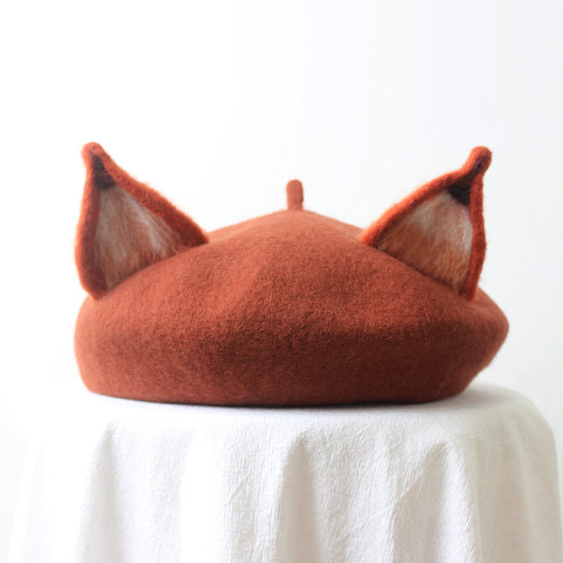Autumn and winter women's hat cute ears wool fox ears beret forest series painter hat parent-child children's beret