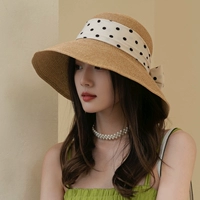 Французская большая соломенная шляпа Dot Dont Bow Hat Женская шляпа Sun Sun Out из моря из солнечной шляпы, Большой Рыбак Шляпа