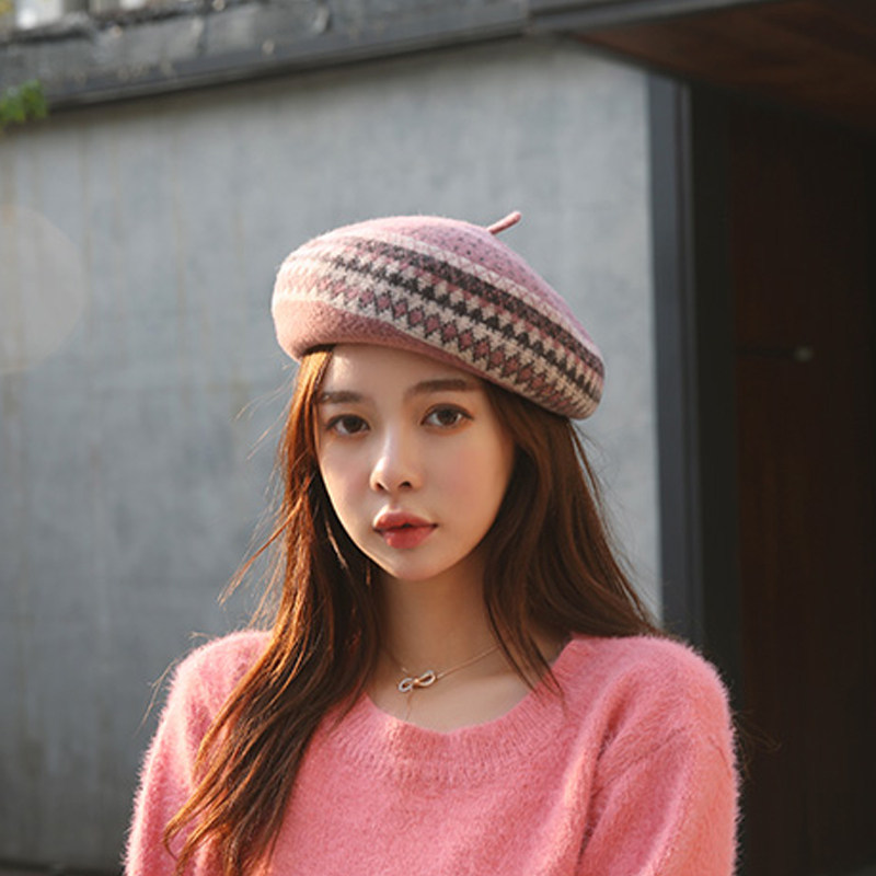 5 Hepburn style literary retro multi-color pattern face small delicate wool beret fashion painter hat