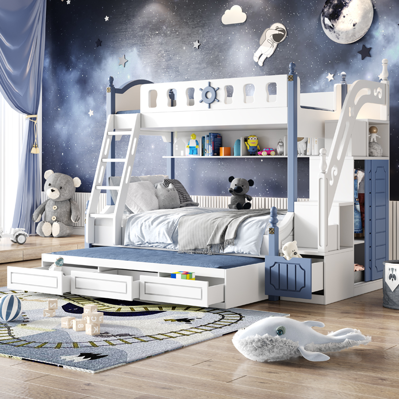Children up and down bed wardrobe high and low bed solid wood bedroom boys and girls bunk bed castle multifunctional combination mother-of-child bed