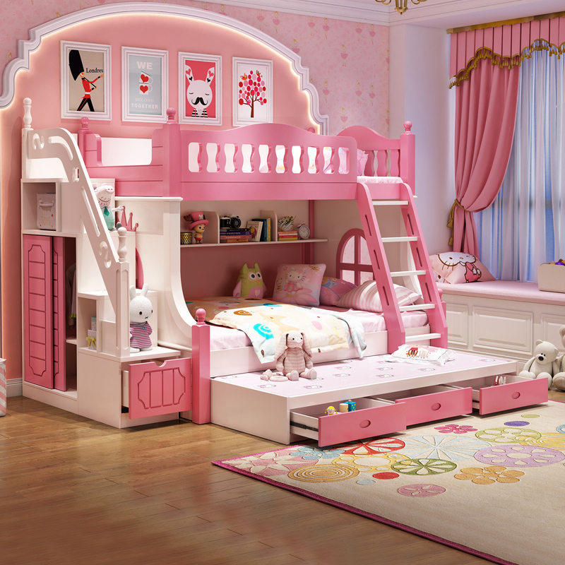 Children's high and low bed Twin Beds Provincial Space-mother-bed solid wood beds Han-style bunk beds for boys and girls combined beds-Taobao