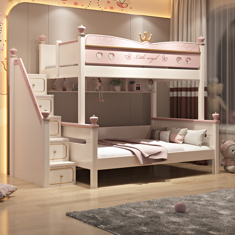 Upper Bed Lower Desk Integrated Child Bed Girl high and low primary and secondary bed Staggered Up And Down Bed Small Family Type Double Bed