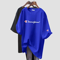 Синяя хлопковая летняя длинная футболка с коротким рукавом, оверсайз, средней длины