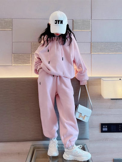 女童加绒套装秋冬季韩版洋气时髦中大童休闲运动连帽卫衣两件套潮